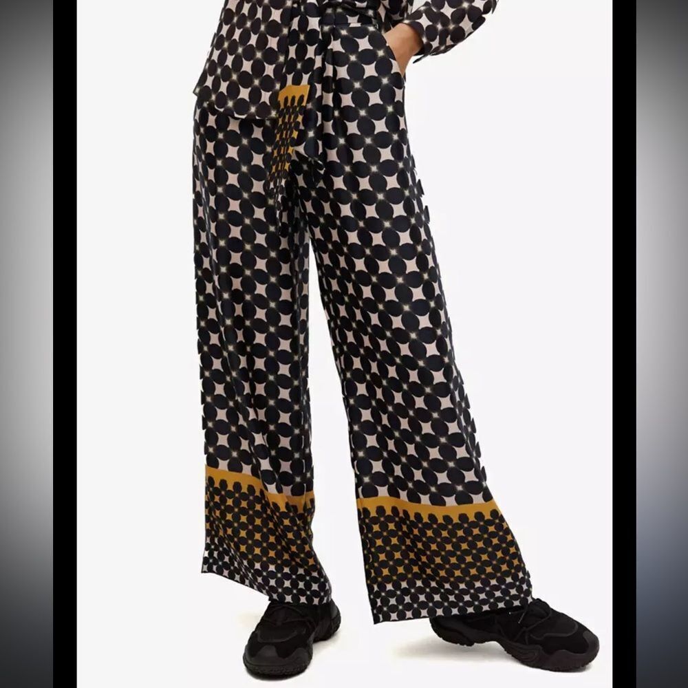 Mango MNG black brown pattern print wide leg back zip pants small s